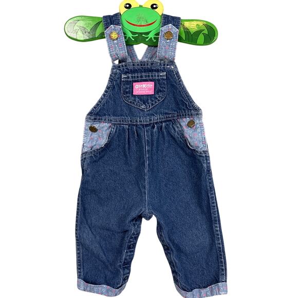 Vintage Osh Kosh Overalls Infant Girl Vestback Denim Floral Trim Size 18M 90s - Picture 1 of 8
